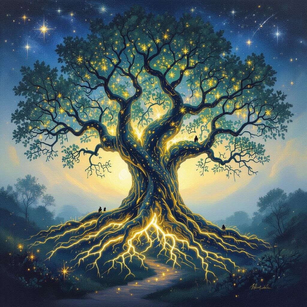 Glowing Tree with Cosmic Roots in Impressionist Style