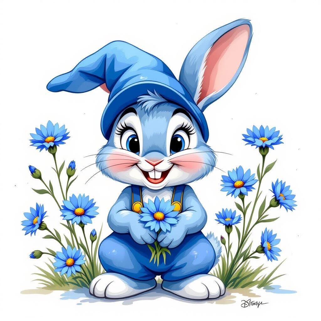 Disney Rabbit with Cornflowers in Abstract Expressionism