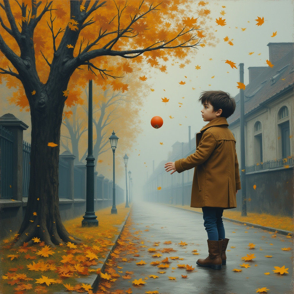 Autumnal Serenity: Boy Reaching for Light on Gray Street