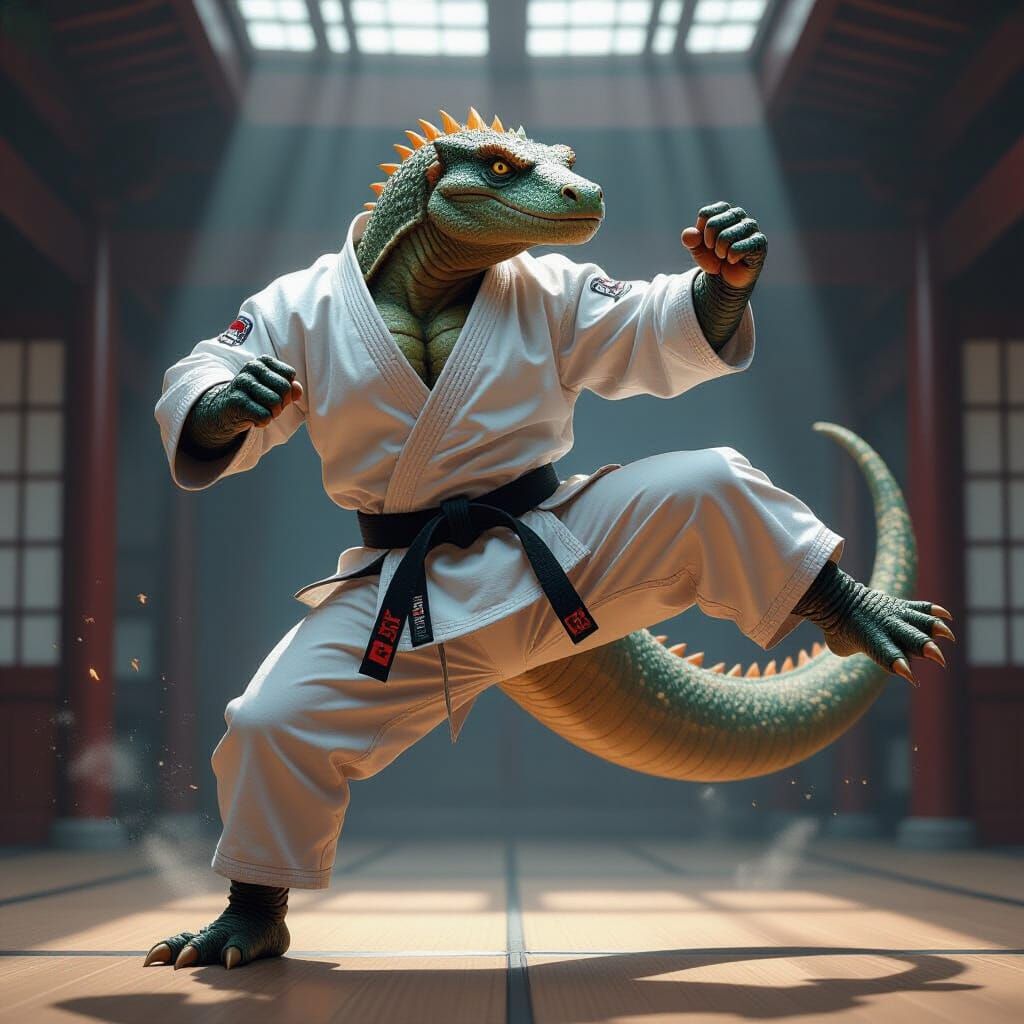 Anthropomorphic Komodo Dragon Flying Kick in Dojo