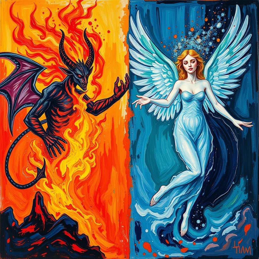 Fire Demon & Water Angel Split Screen in Neo-Impressionist S...