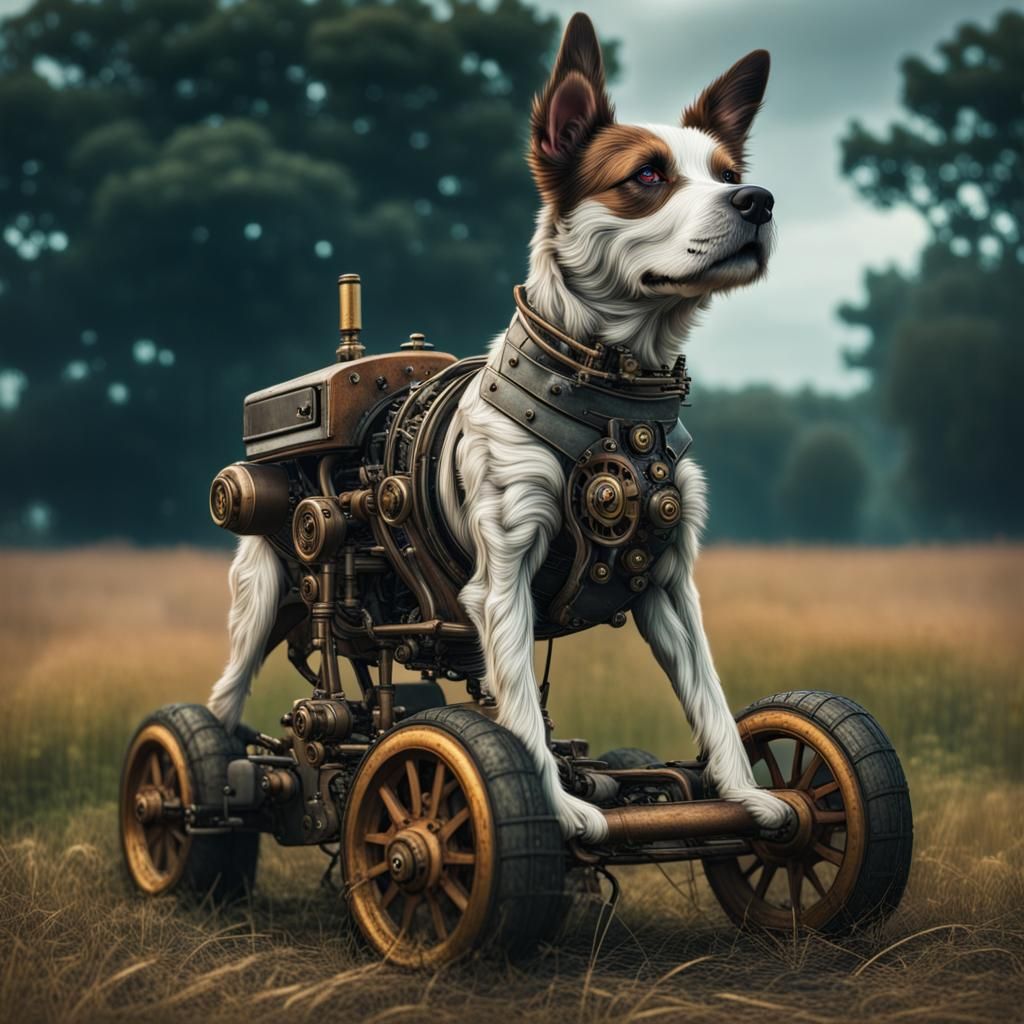 Dog on Wheels in Steampunk Field