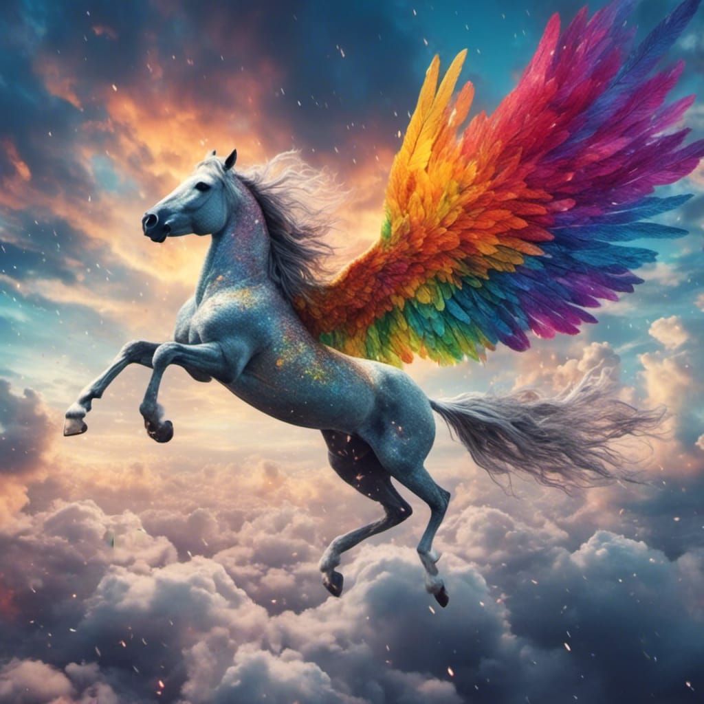 Vibrant Rainbow Pegasus Flying Through Clouds