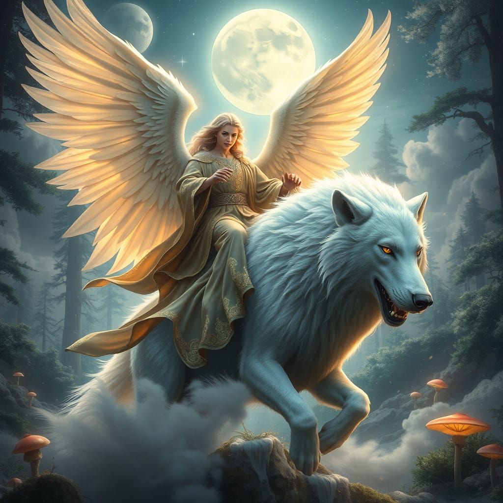 Angel Rides Majestic White Wolf in Moonlit Forest, Detailed ...