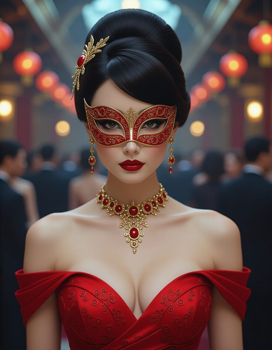 Cyberpunk Masquerade: Asian Femme Fatale in Red