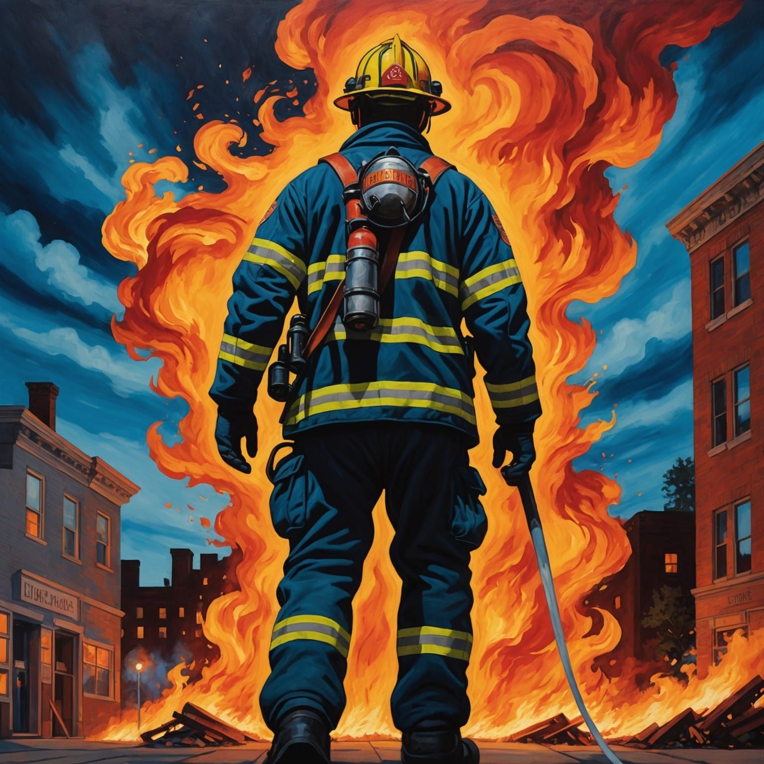 Courage in Chaos: Firefighter Mural Against Inferno