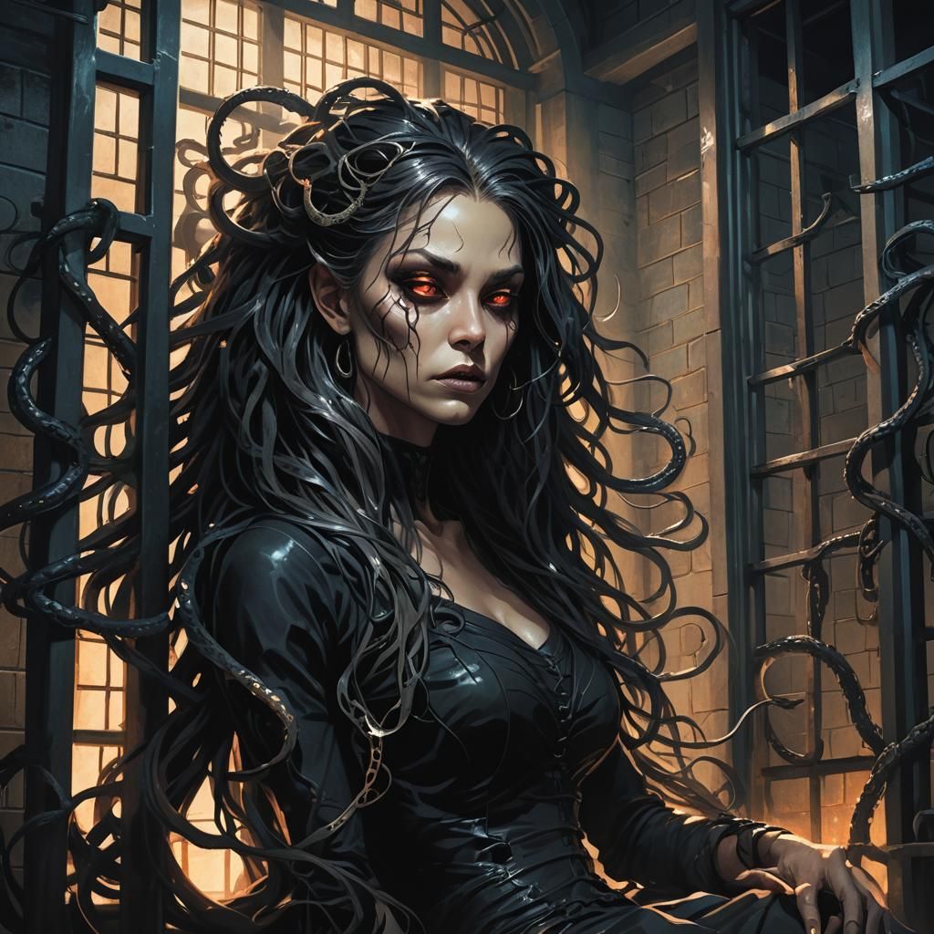 Demon Woman in Jail Cell: Dark Fantasy Art