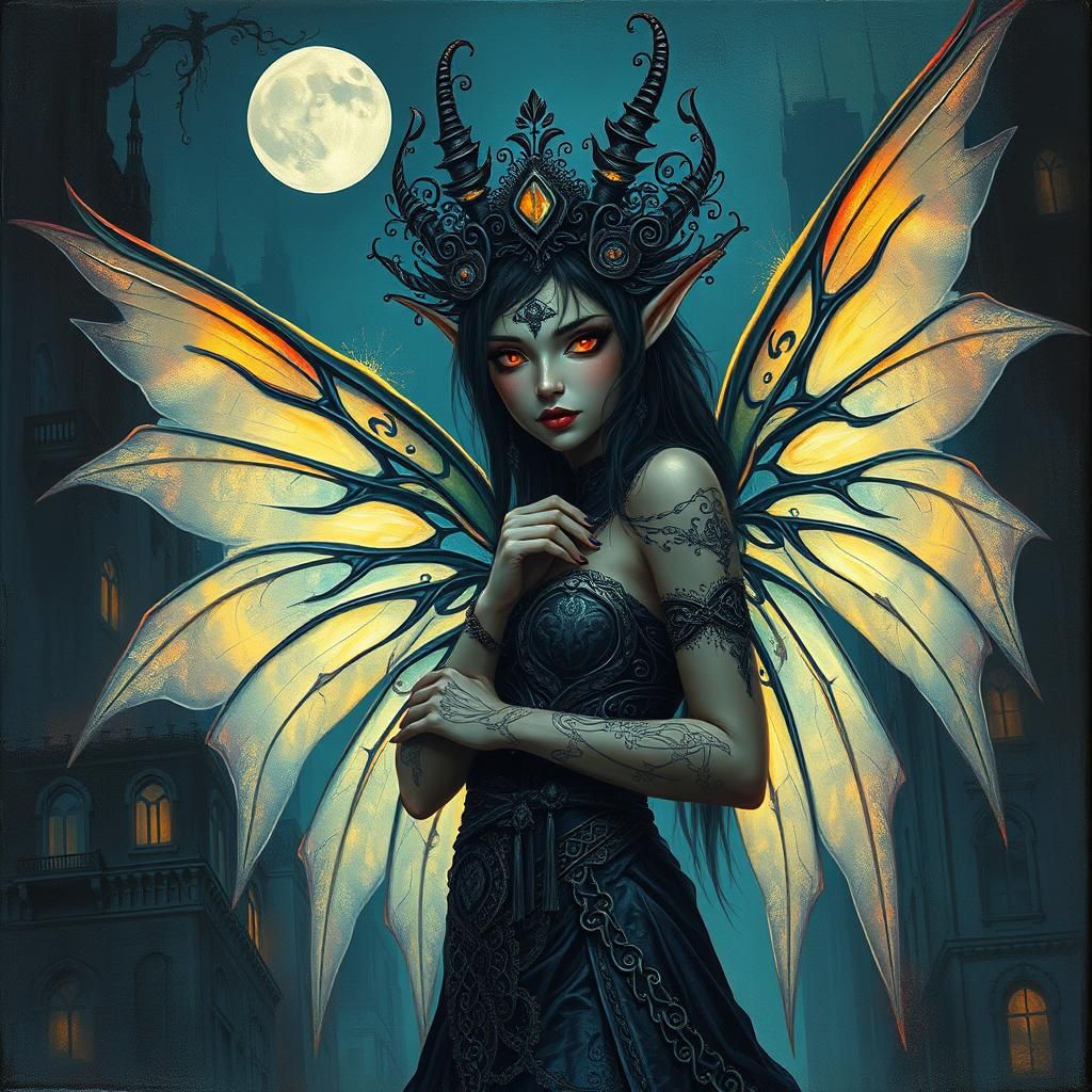 Ethereal Dark Fairy Witch in Dystopian Cityscape