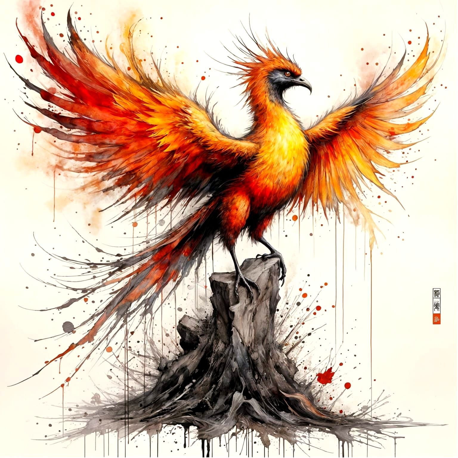 Mystical Phoenix Rises from Ashes in Inkblot Style