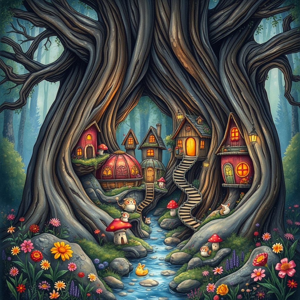 Fairy Village Inside Hollow Tree in Watercolor Style