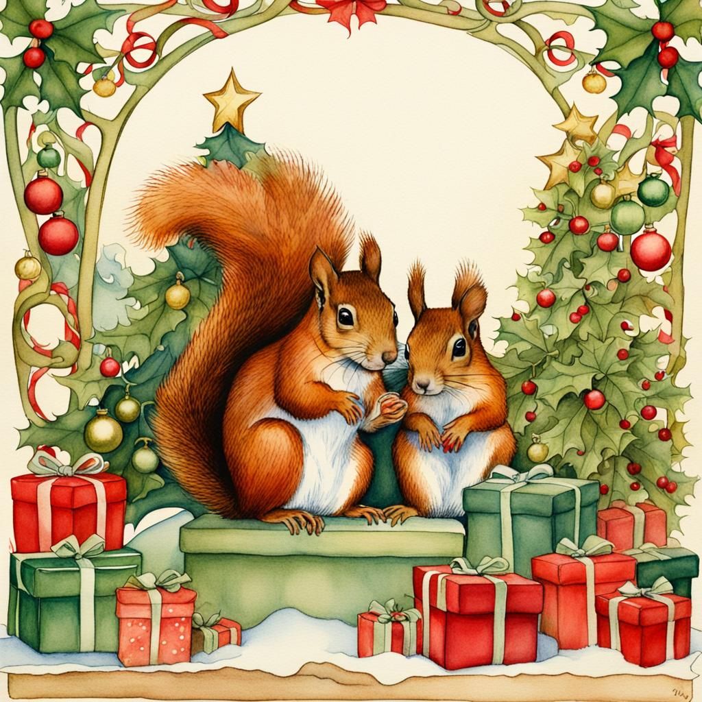 Festive Squirrels in Art Nouveau Christmas Scene