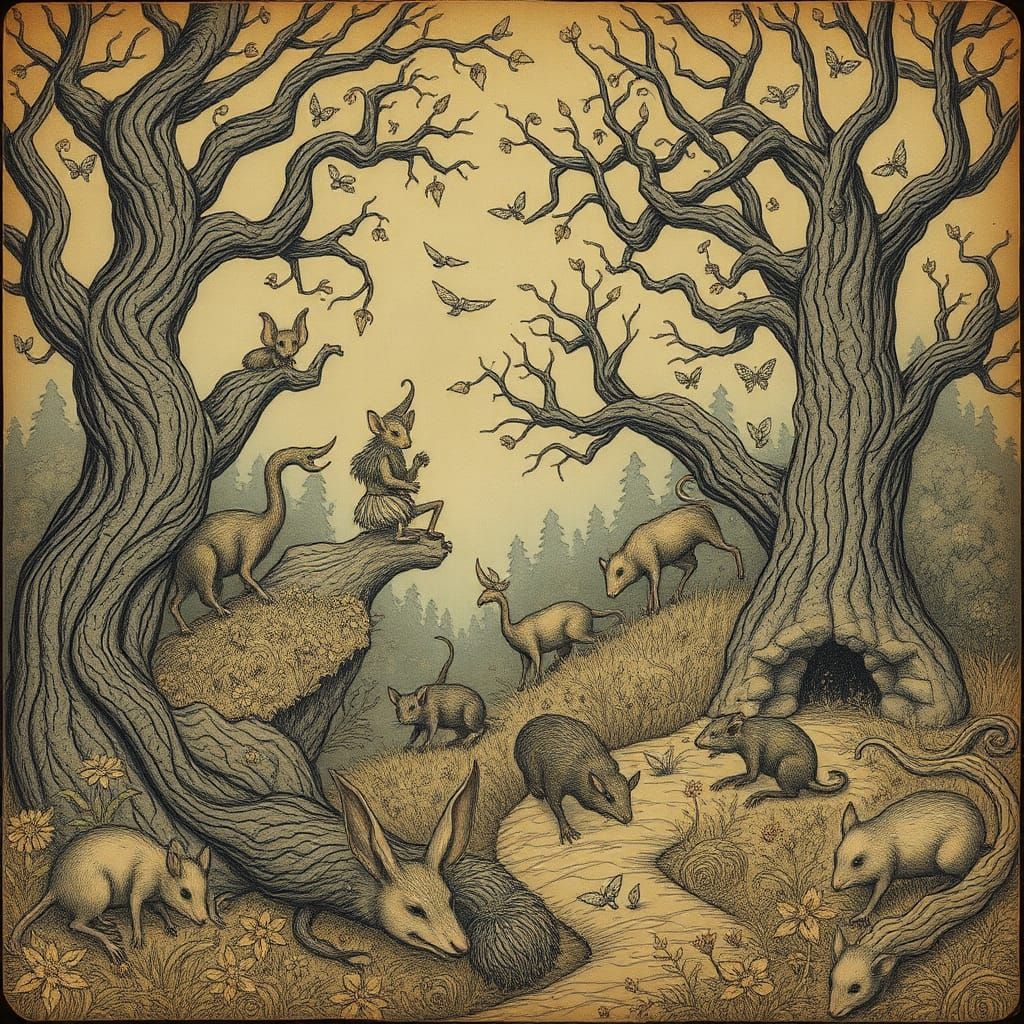 Fantastic Creatures in Dreamlike Landscape, Faerie Illustrat...