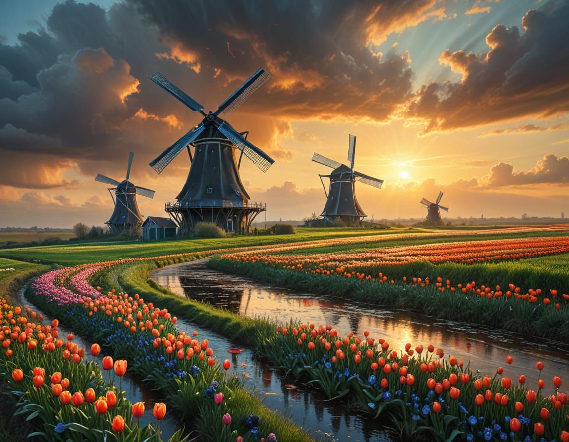 Majestic Dutch Windmill Landscape at Golden Sunset