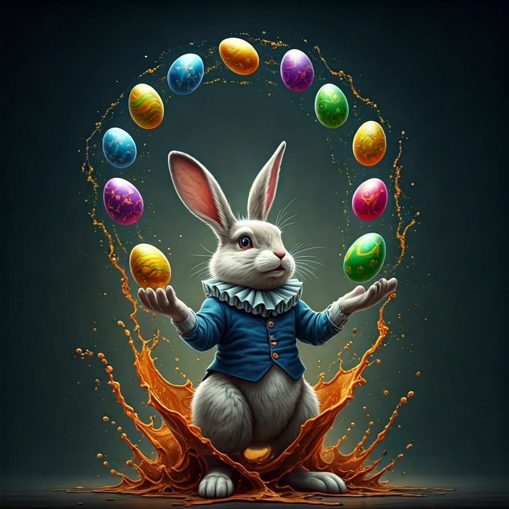 Vibrant Easter Bunny Juggler in Hyperrealistic Style