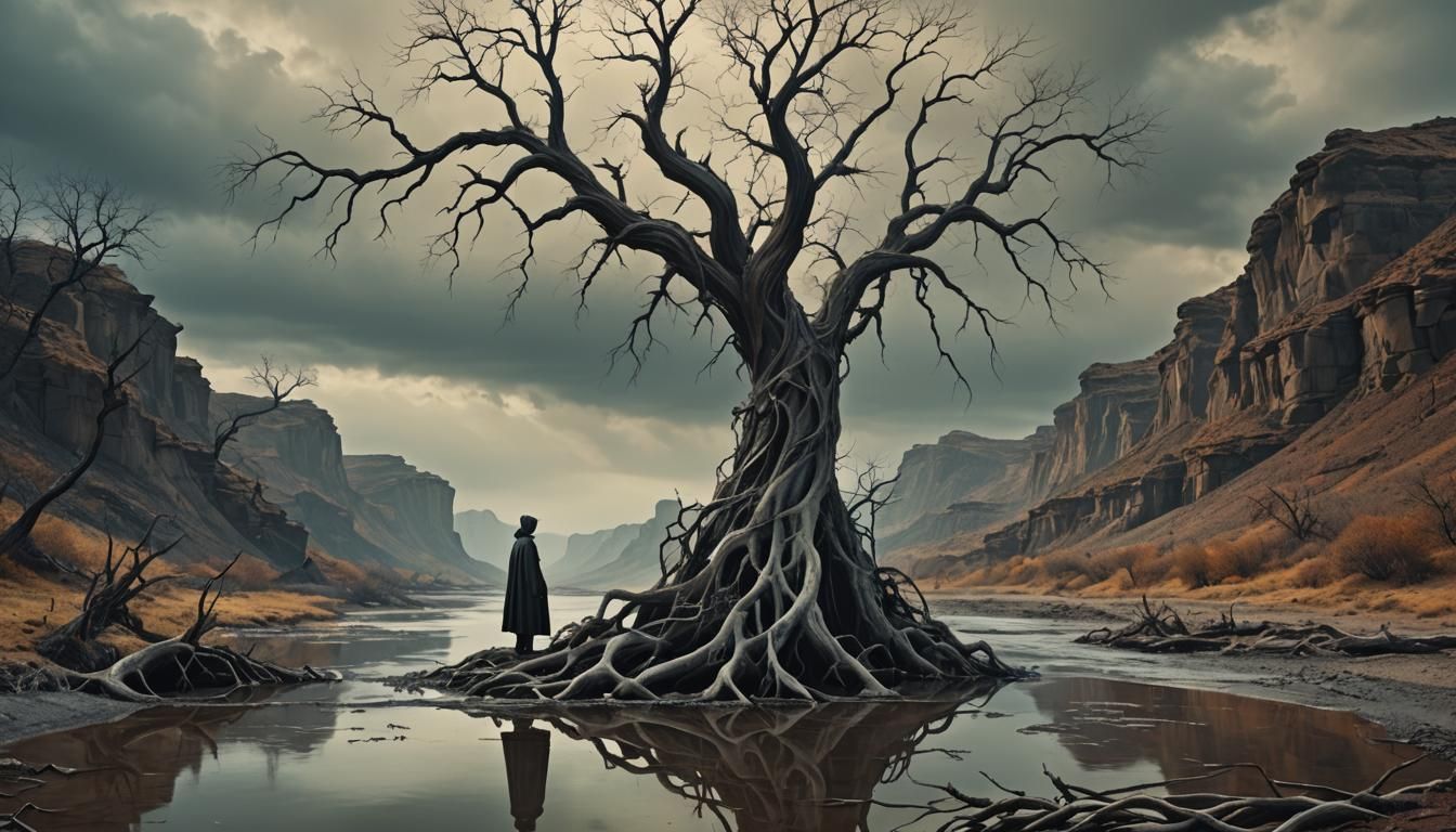 Mysterious Figure by River in Surreal Landscape