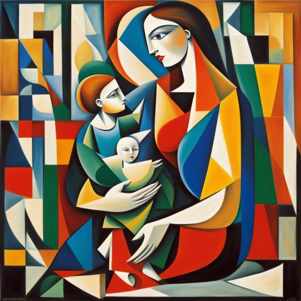 Mother and Baby Talking: Cubist Color Shapes