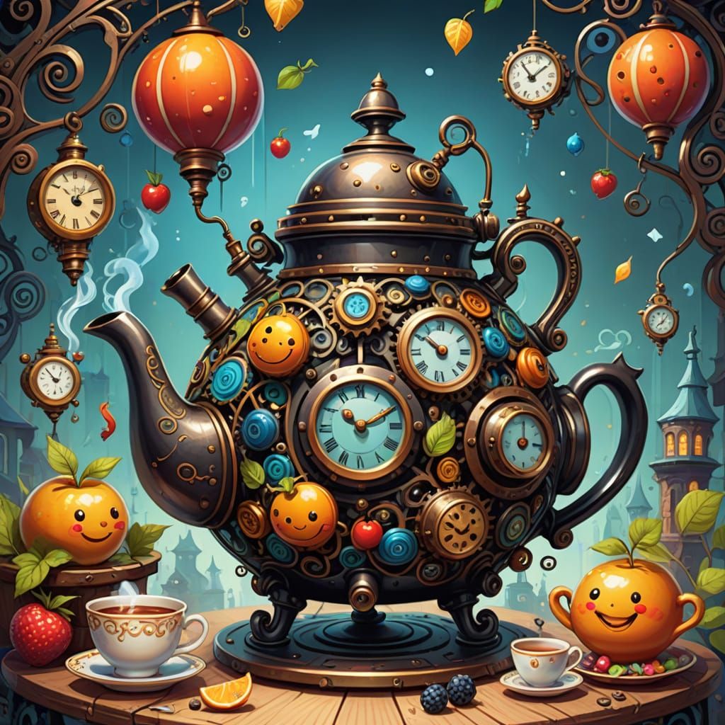 Steampunk Teapot and Friends in Whimsical Illustration