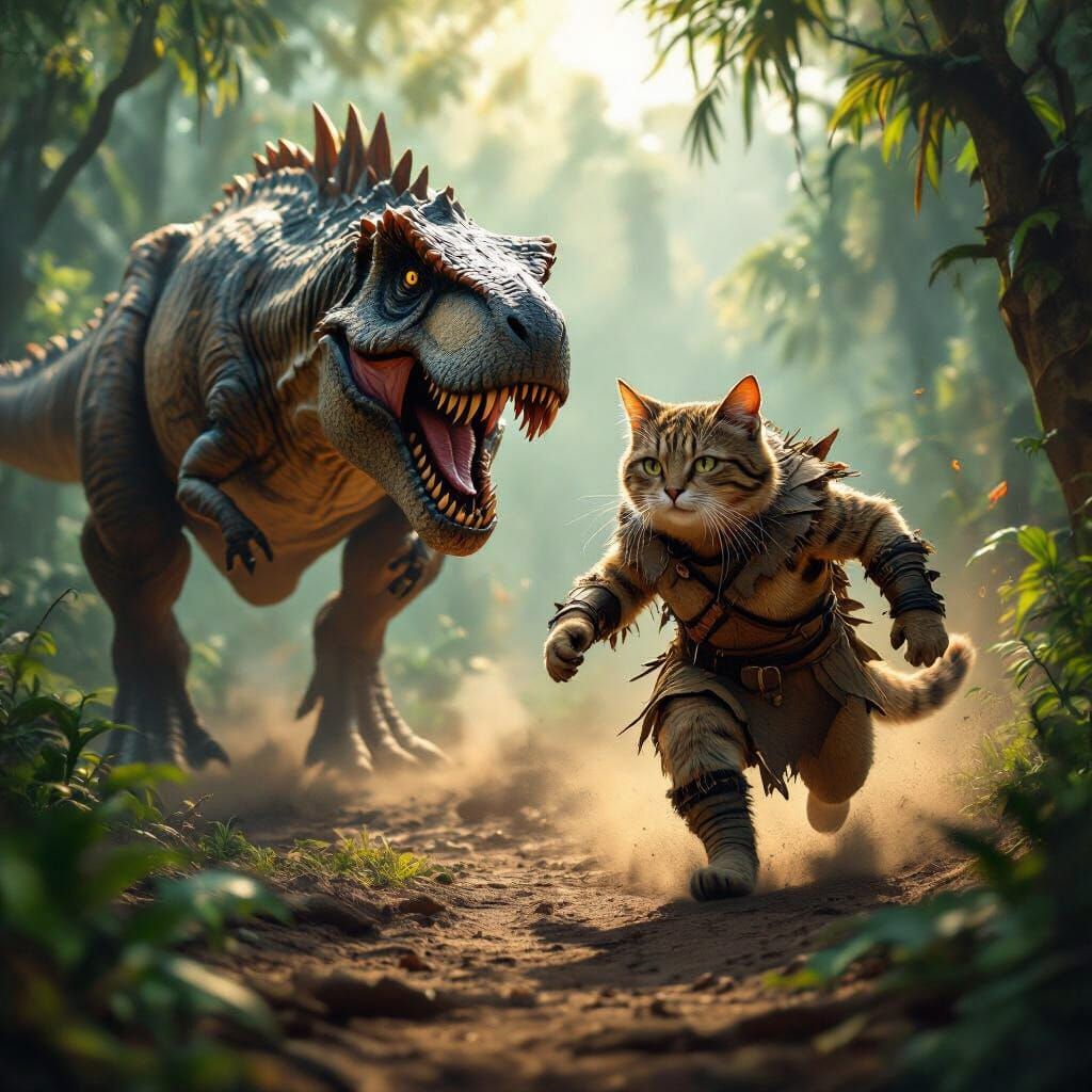 Neanderthal Cat Flees T-Rex in Primeval Jungle