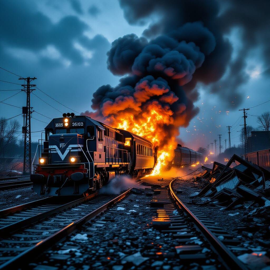 Burning Train Wreckage in Cinematic Hyperrealism