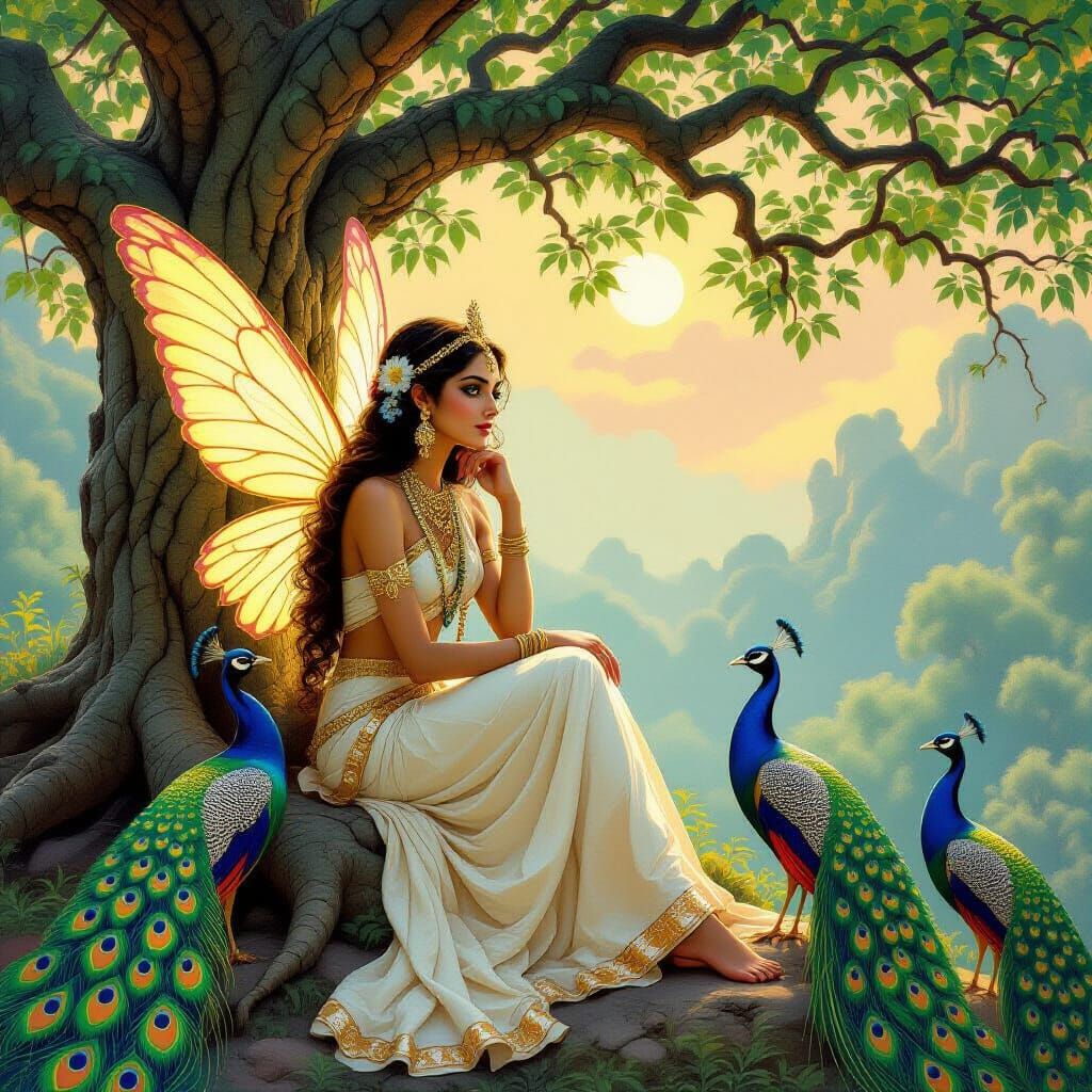 Indian Fairy Near Enchanted Tree, Alphonse Mucha Style