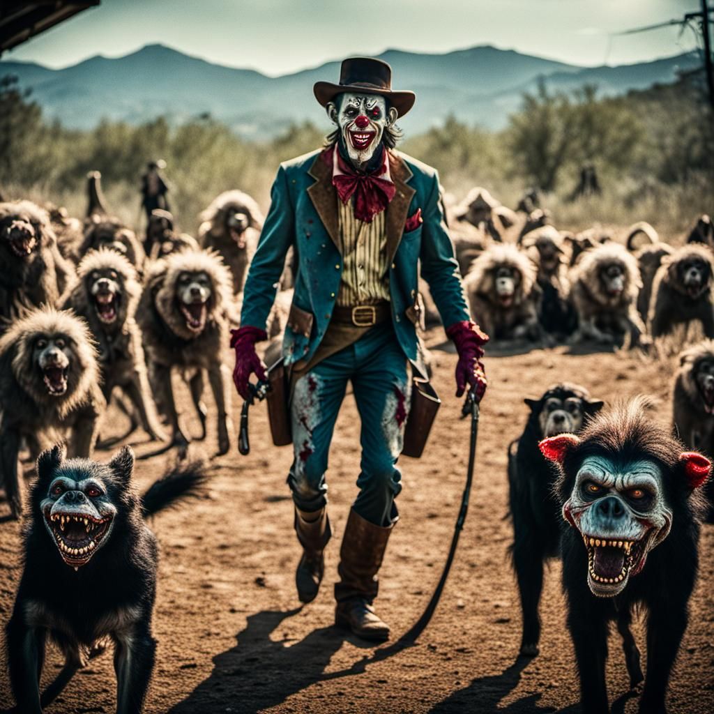 Zombie Cowboy Clown With Rabid Monkey-Clown Dogs