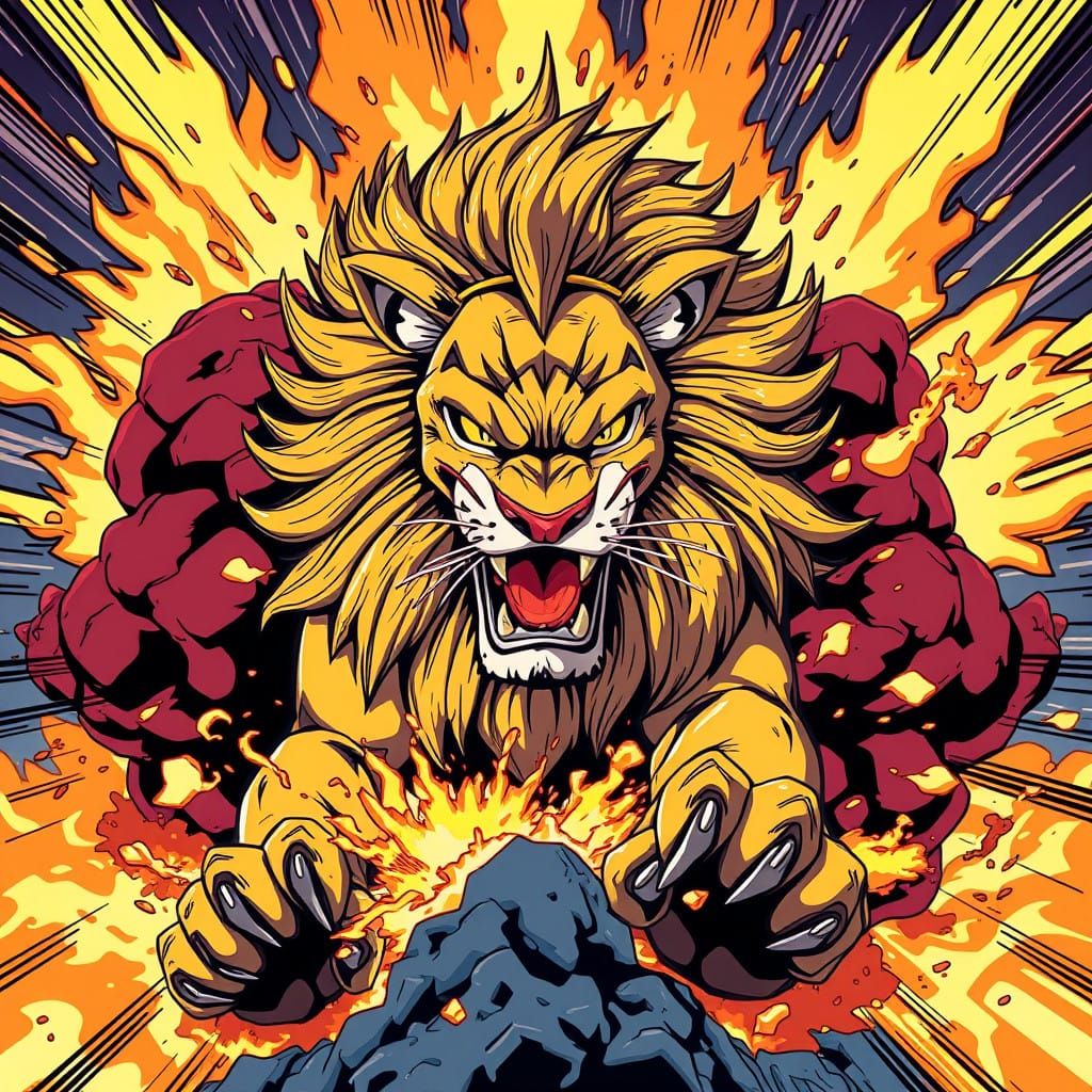 Regal Lion in Vibrant Explosion, Manga Style
