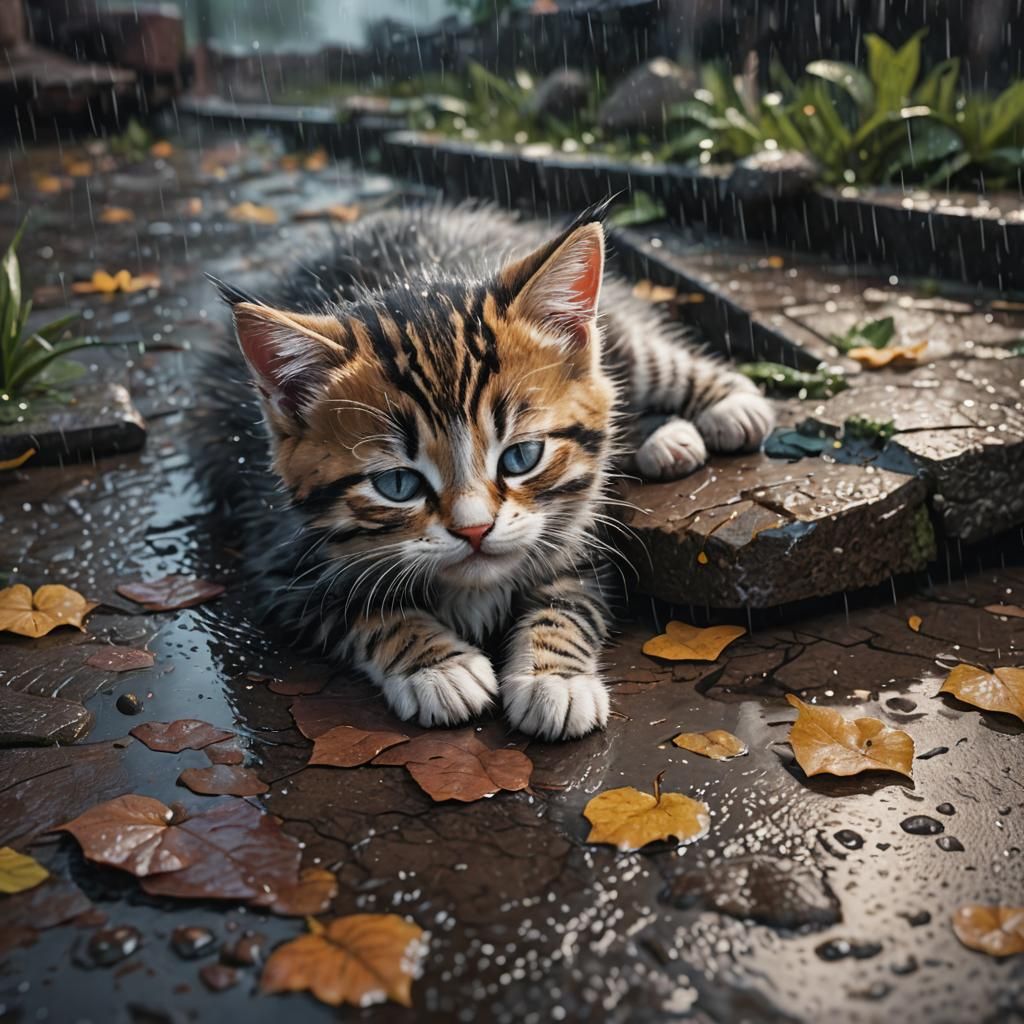 Kitten Sleeping in Rain: Fantasy Concept Art
