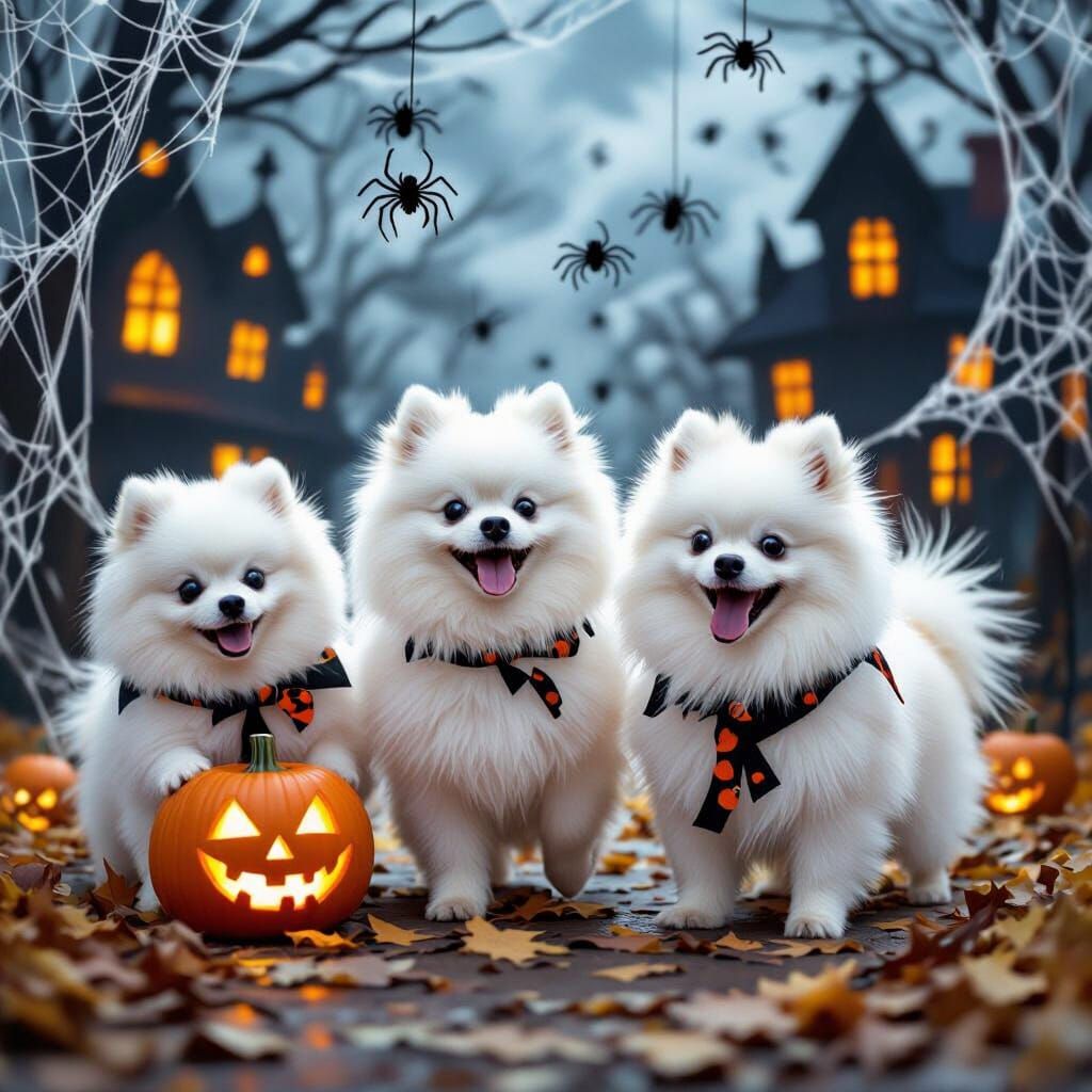 Zombie Pomeranians Trick-or-Treating on Halloween Night