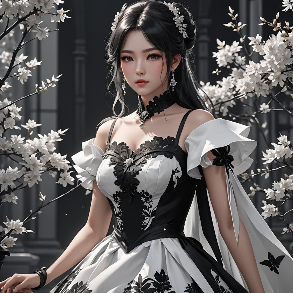 Beautiful Woman in Black and White Dress: 3D Anime Art