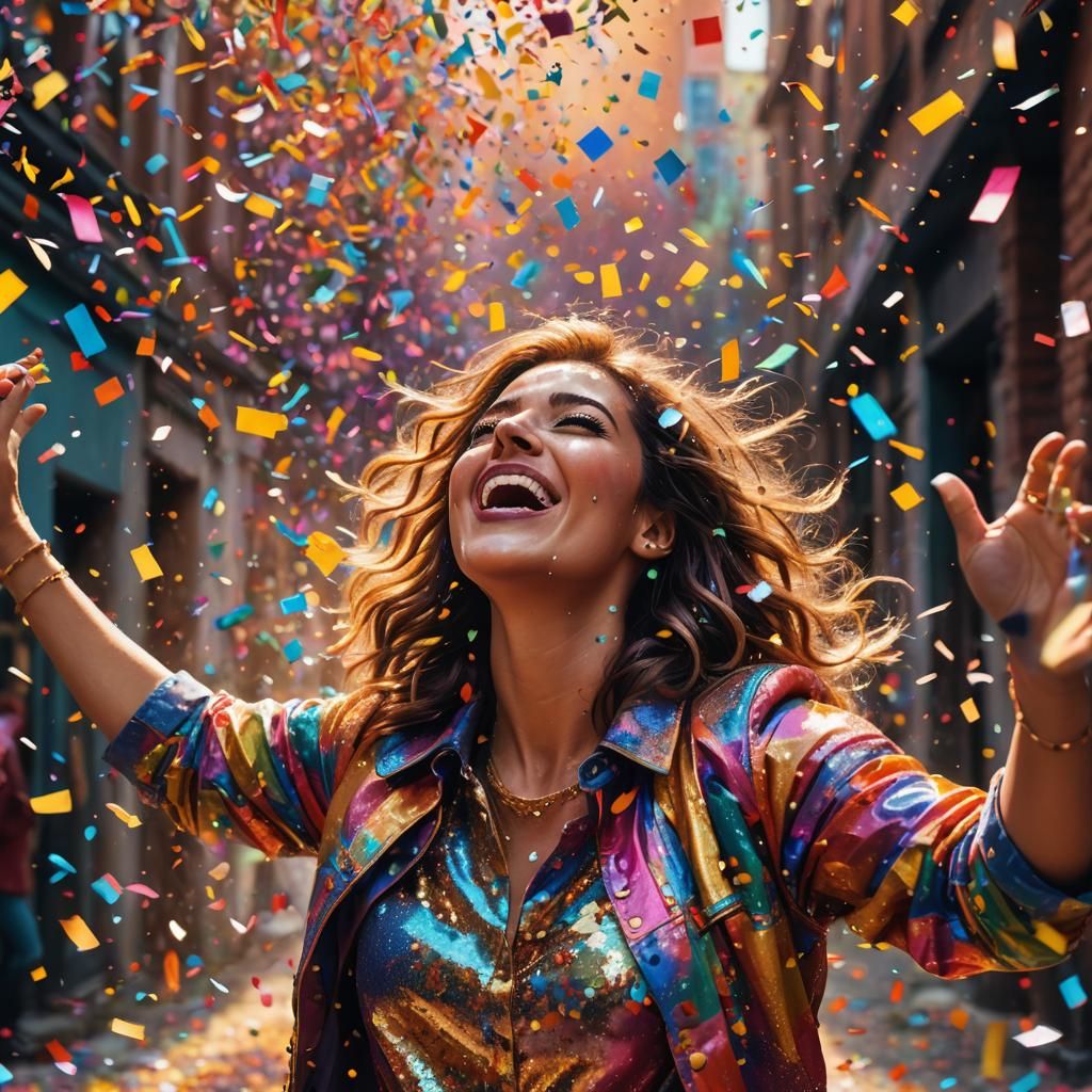 Ecstatic Woman in Confetti Explosion: Hyperrealistic Art