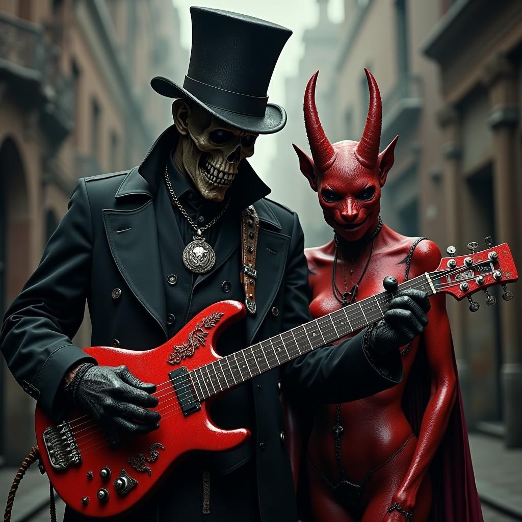 Gothic Plague Doctor Plays Guitar for Demon