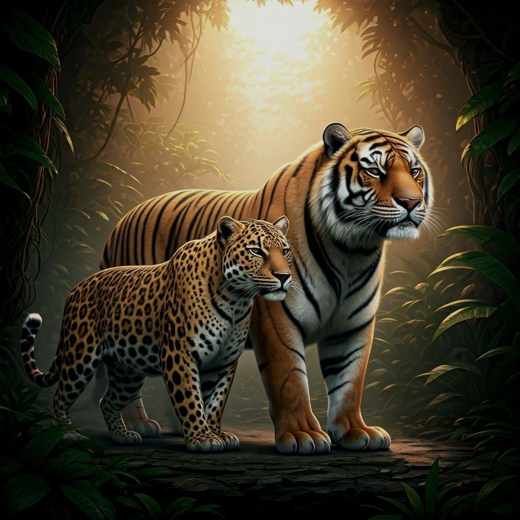 Tiger and Leopard in 3D Game Cinematic Style