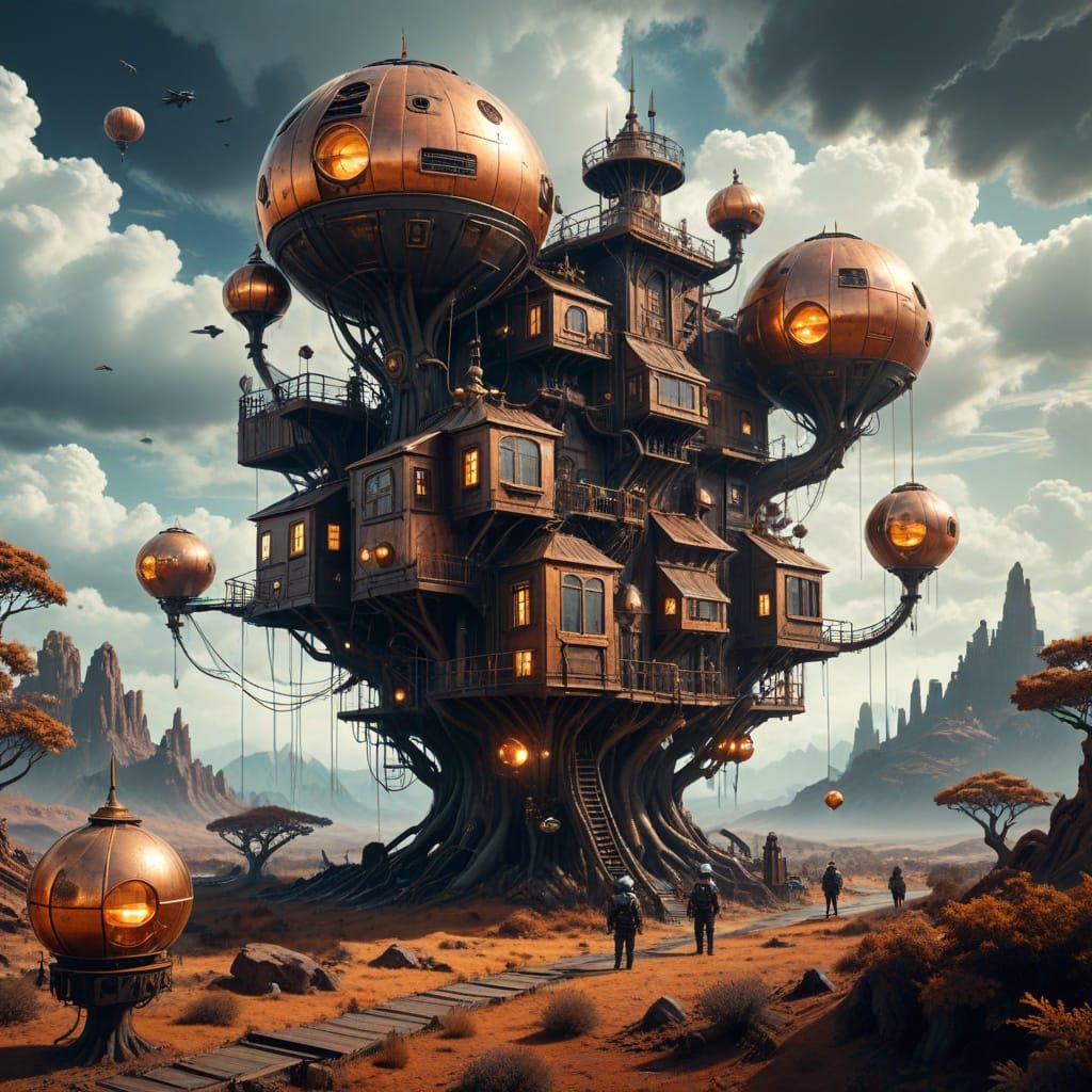 Steampunk Treehouse Village in a Barren Sky