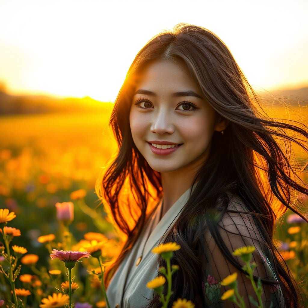 Smiling Japanese Woman in Wildflower Field at Dawn