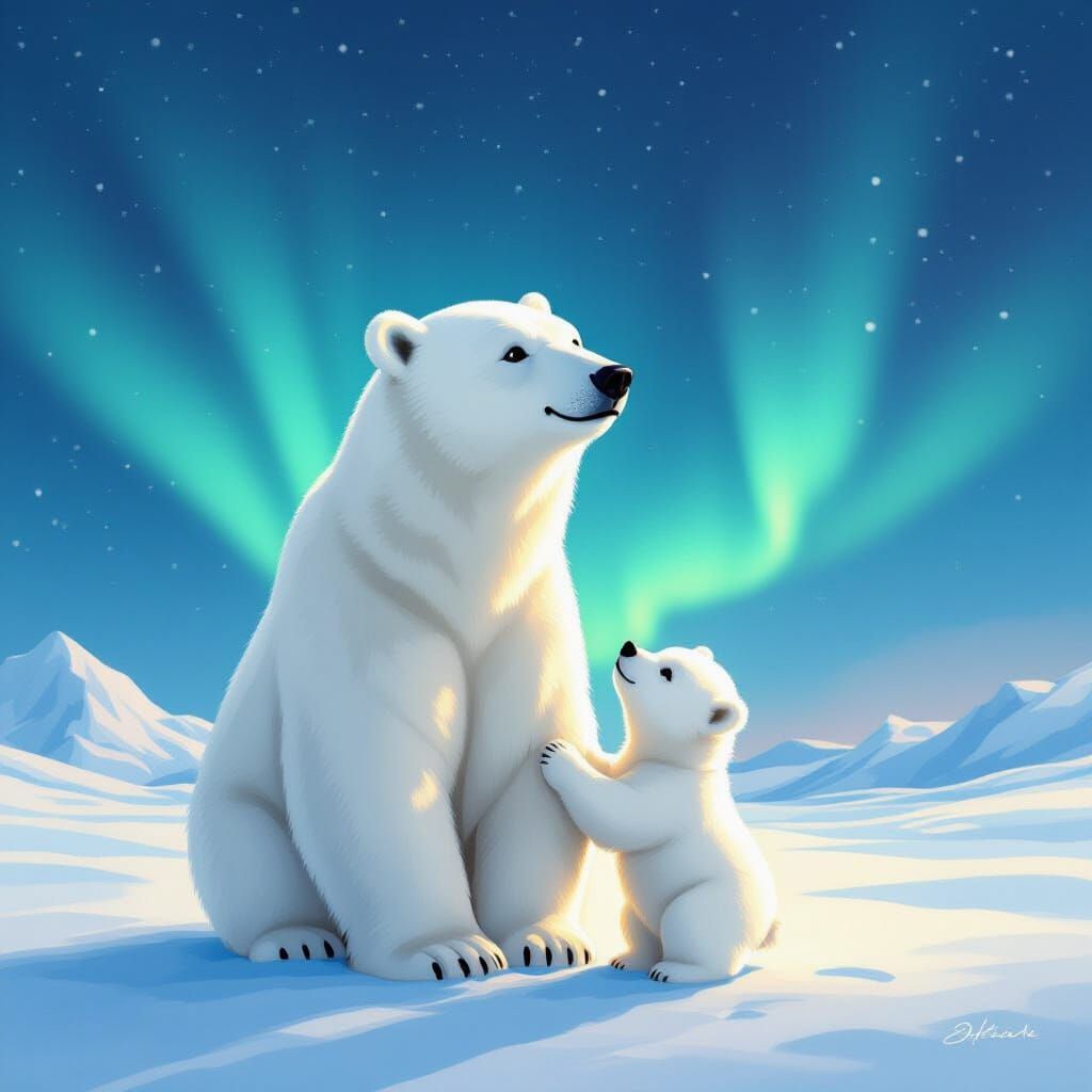 Cute Polar Bear Mother and Cub Under Aurora