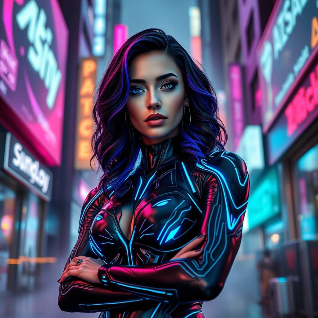 Latin Cyberpunk Goddess Exudes Power in Neon-Lit Alleyway