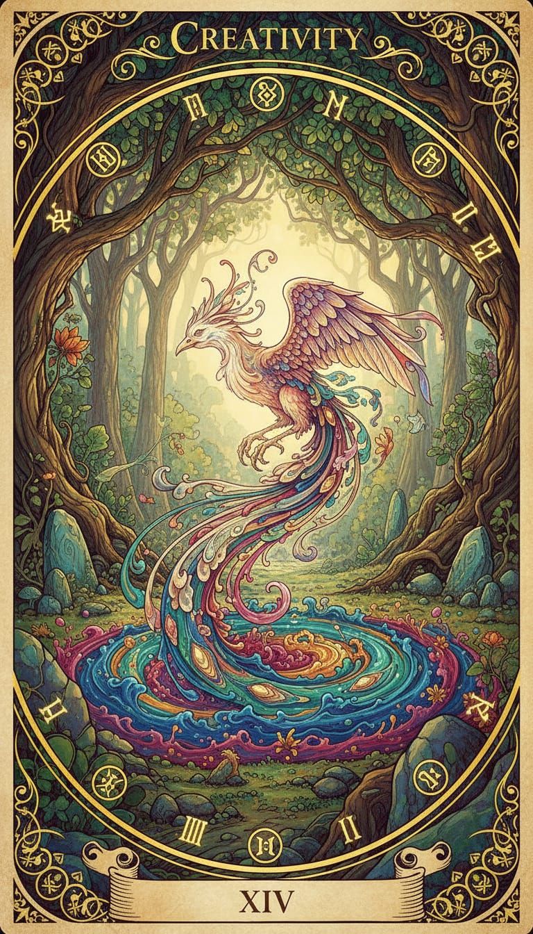 Surreal Tarot Card of Creativity with Phoenix