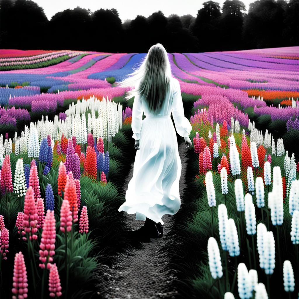 Luminescent Woman Dancing in Lupinus Field: Photogram