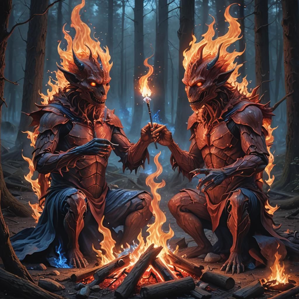 Enchanting Fire Creatures Roasting Marshmallows, Fantasy Art