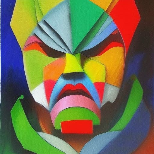 Origami Kabuki Mask in Expressionist Impasto Style