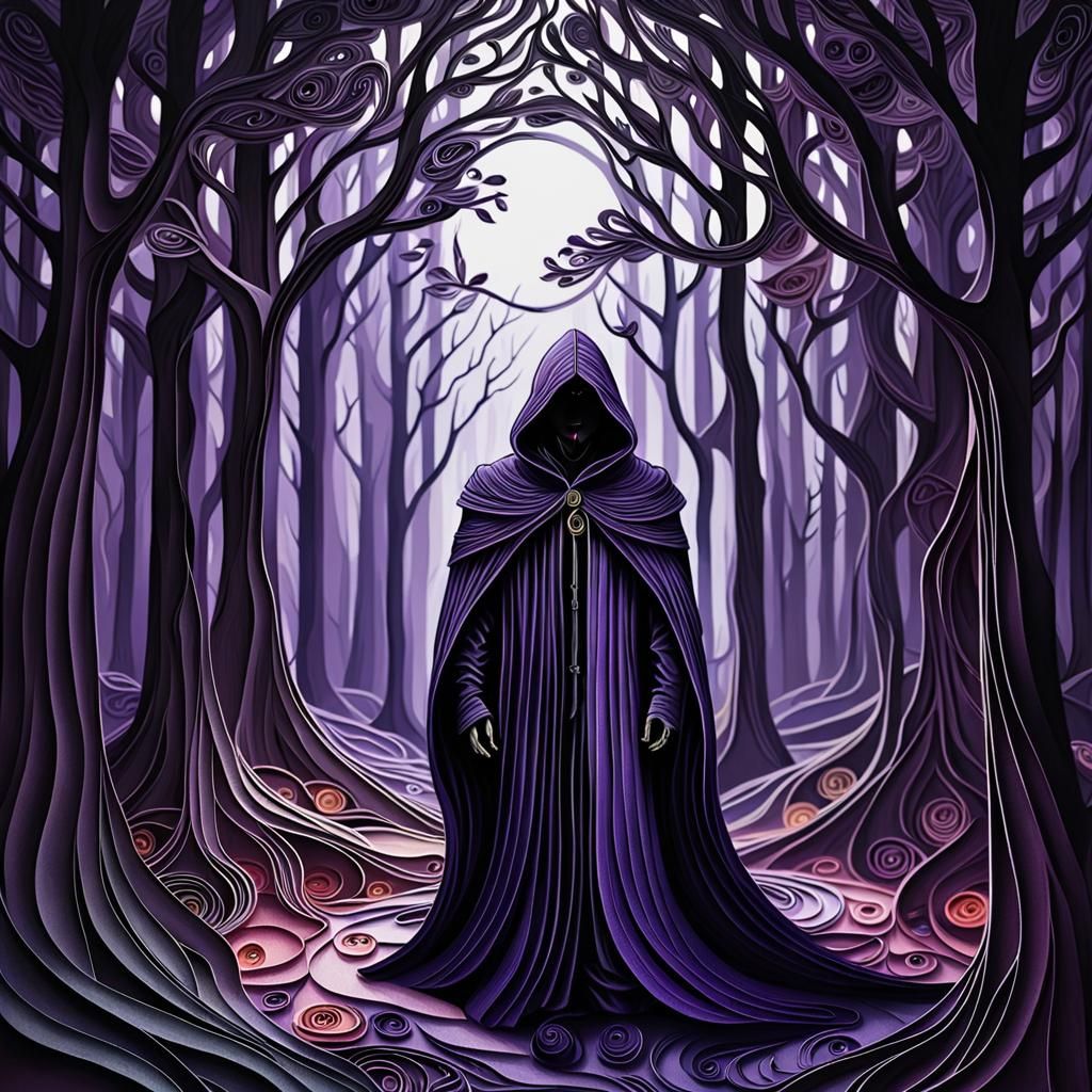 Brooding Figure in Purple Forest, Paper Quilling Art