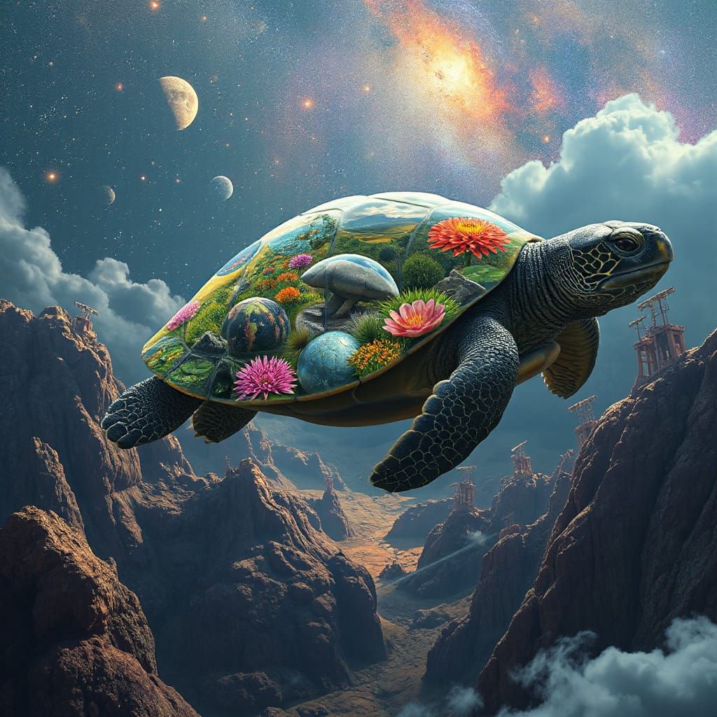 Surrealist Flying Turtle Explores the Cosmos in a Mosaic of ...