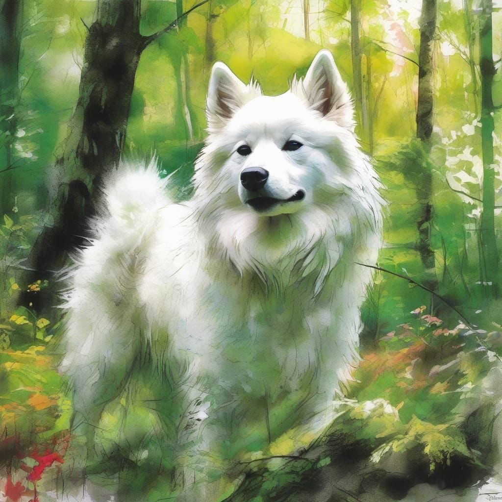 Vibrant Spring Forest Encounter with a Majestic American Esk...