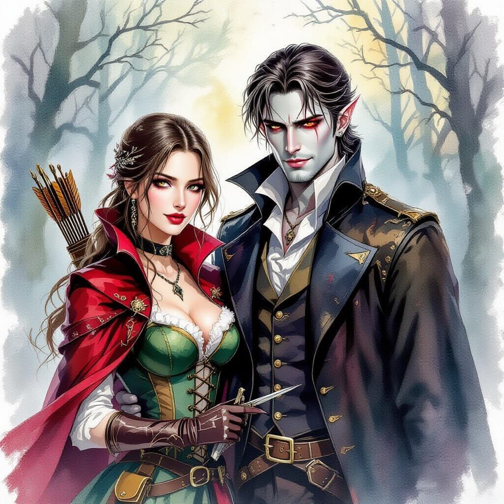 Hunter and Vampire Couple in Watercolor Style