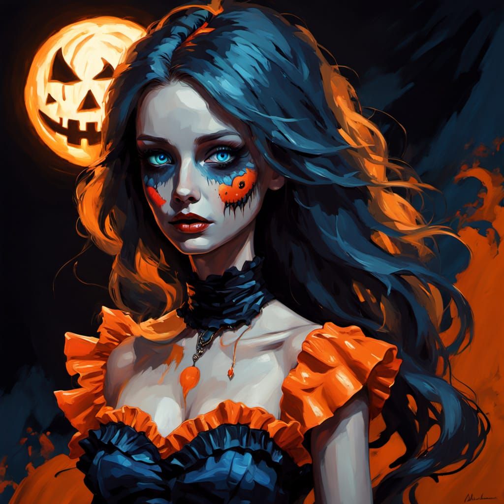 Zombie Barbie with Black Cat, Oil Painting Style