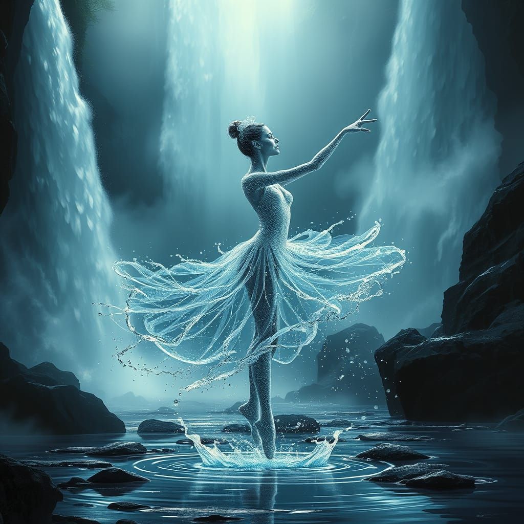 Ethereal Ballerina Dances Amidst Waterfalls