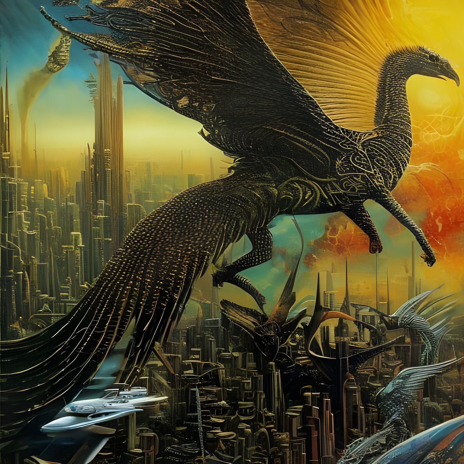 Detailed Future Cityscape with Bizarre Creatures