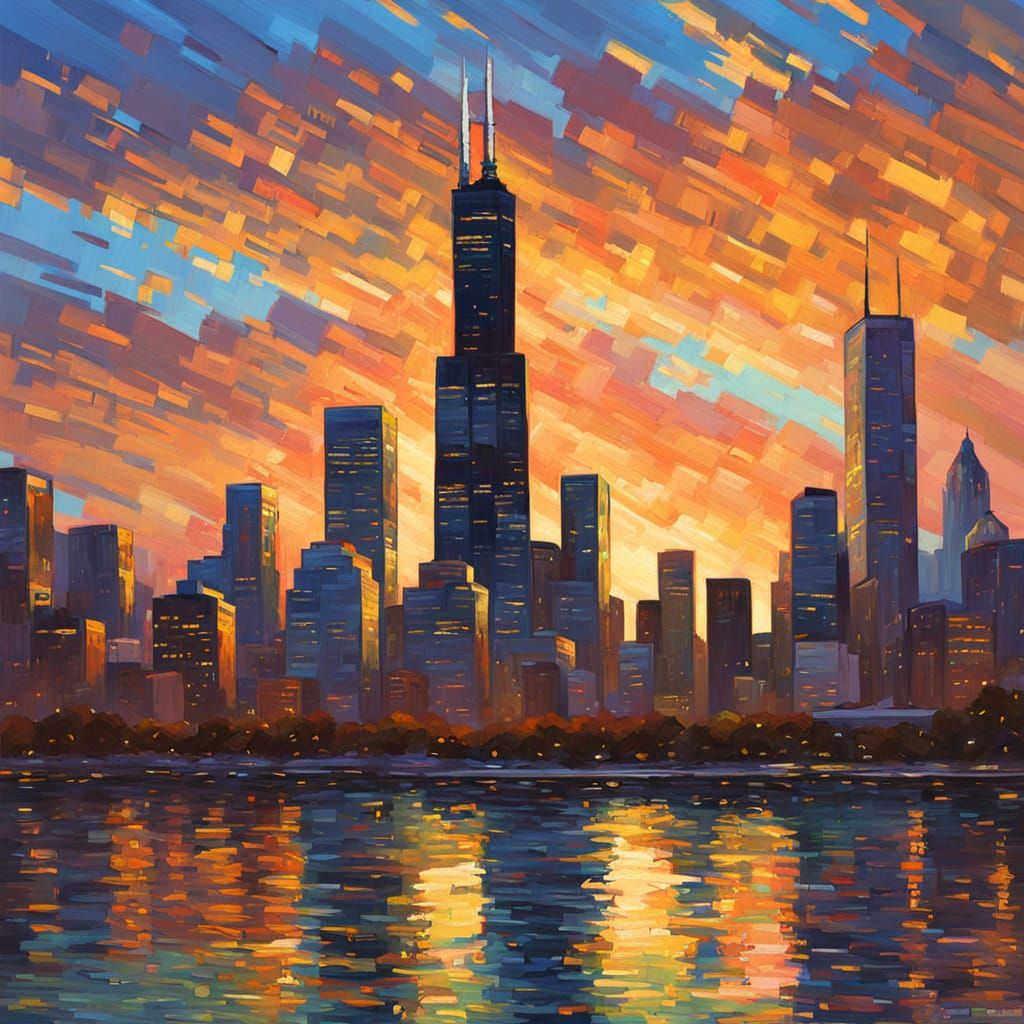 Neo-Impressionist Oil Painting of Sears Tower in Golden Hour