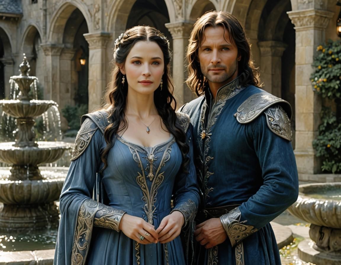 Arwen and Aragorn Together by a Fountain