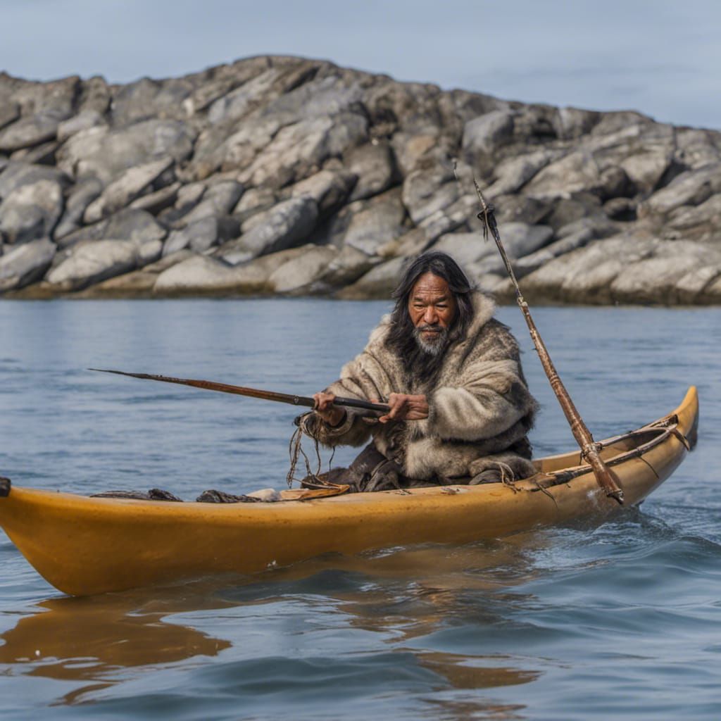 Inuit Seal Hunter with Harpoon in Kayak